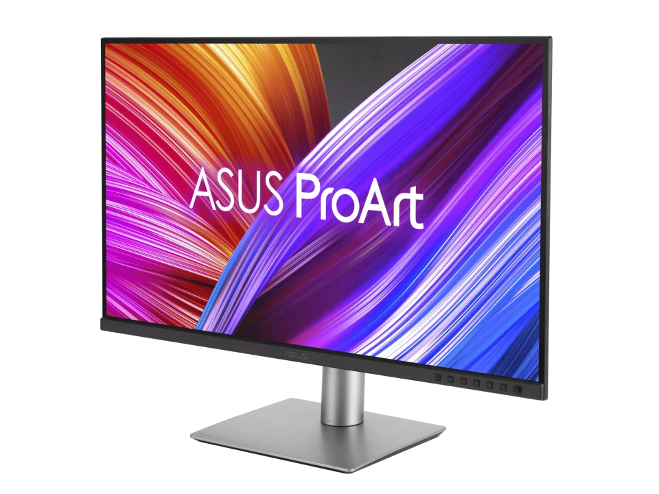 Chân đế hợp kim bạc tối giản và thước đo QuickFit trên viền màn hình ASUS ProArt